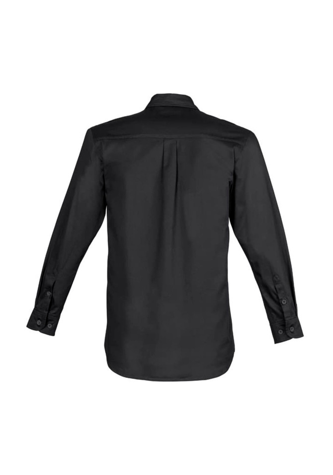 A black, long sleeve work shirt with a button-up design and a logo on the back.