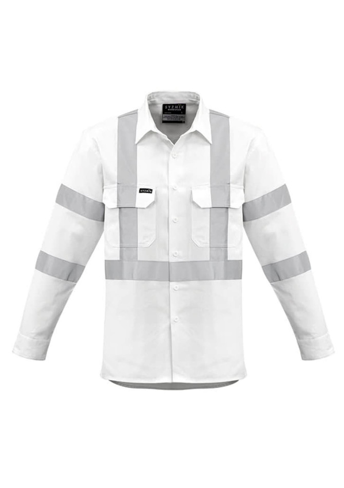 A long sleeve white work shirt with grey reflective stripes and two chest pockets, featuring a logo.