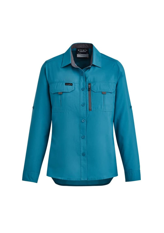 A women's long sleeve button-up shirt in a vibrant teal colour with two front pockets and a branded logo.
