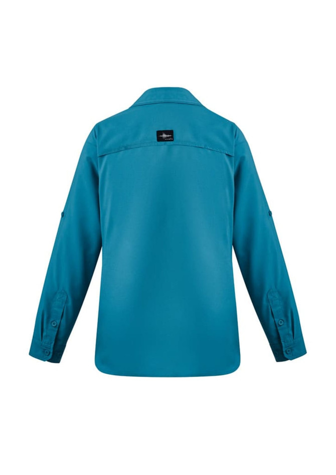 A women's long sleeve button-up shirt in teal, featuring a collar and a logo on the back.