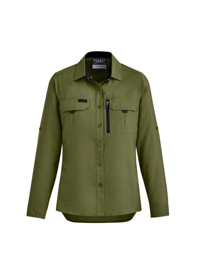 A women's long sleeve button-up shirt in olive green, featuring two chest pockets and a logo.