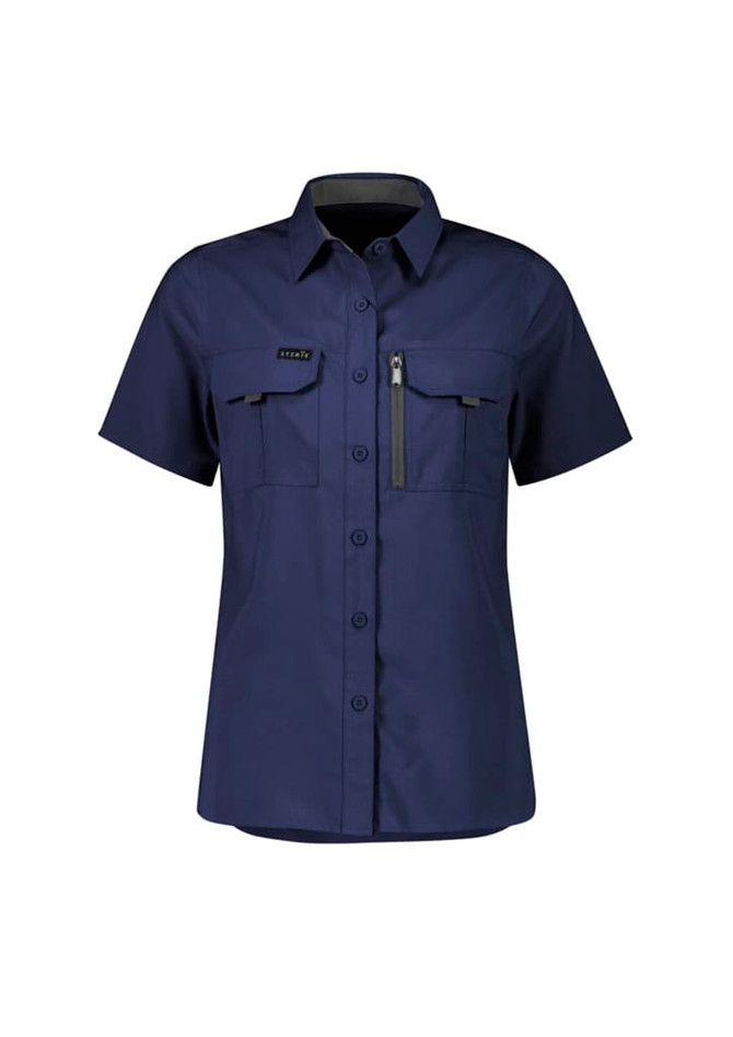 A women's short sleeve shirt in navy blue with multiple pockets and a logo.