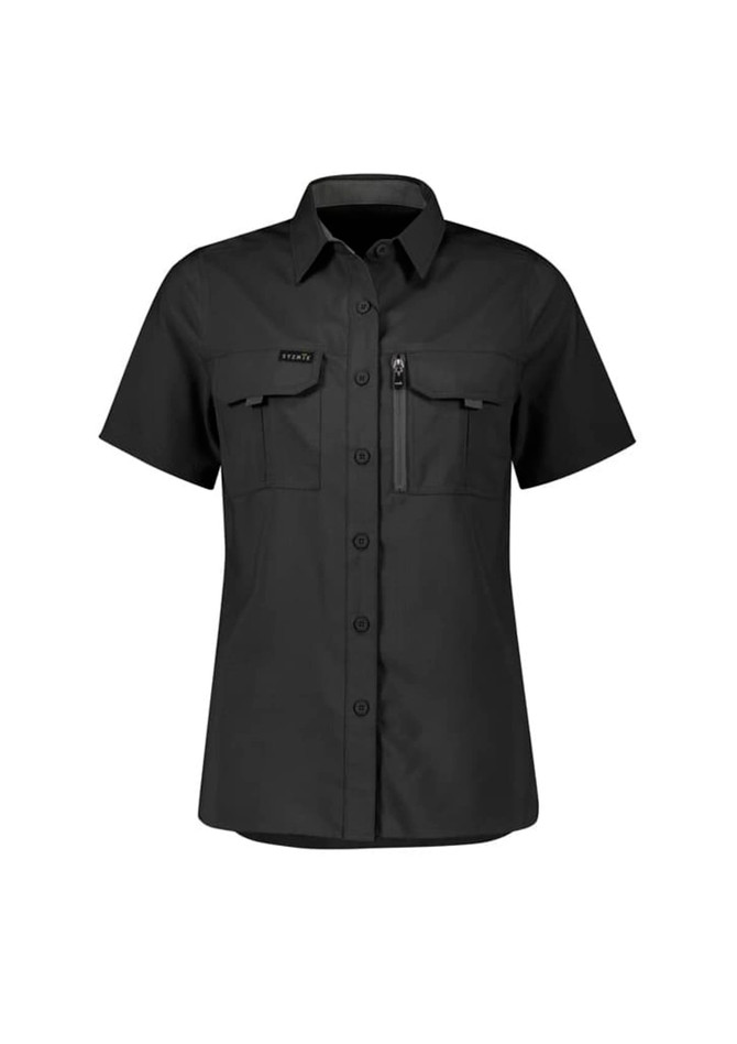 A black women's outdoor short sleeve shirt featuring two front pockets and a zip pocket, with a logo on the chest.