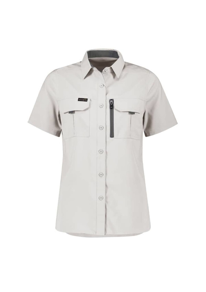 A short sleeve women's outdoor shirt in light grey with two front pockets and a zippered pocket. Features a brand logo.