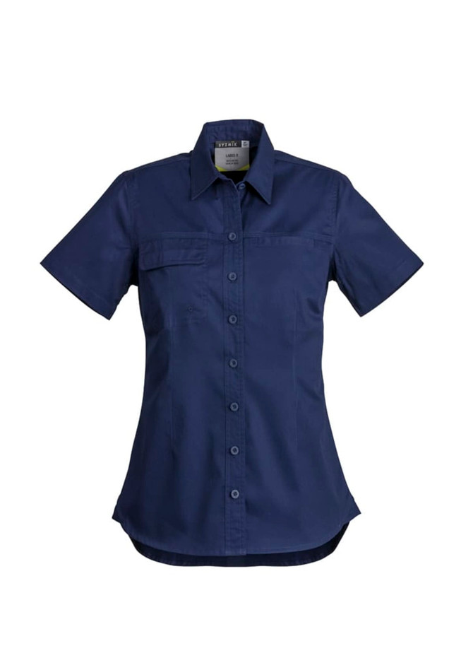 A navy short sleeve shirt with a button-up front and a pocket, featuring a logo on the label.