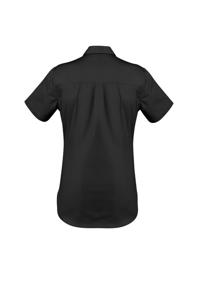 A black women's lightweight short sleeve shirt with a collar and a logo on the back.