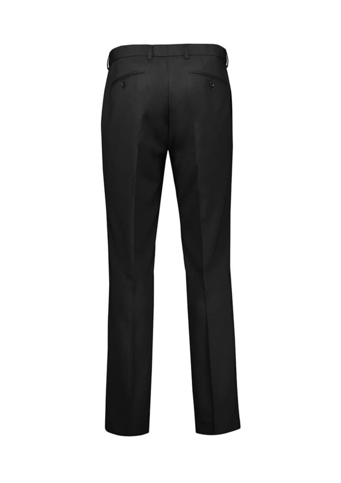 Black straight leg pants with an adjustable waist, featuring back pockets and a logo.