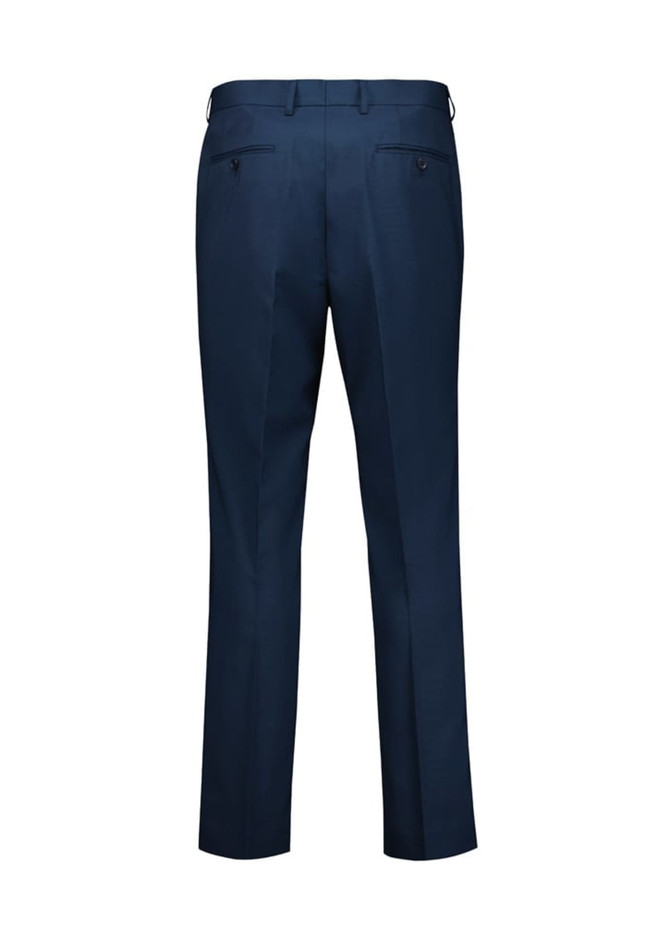 A pair of navy slim fit flat front pants, featuring a smooth back with two rear pockets. Includes branding.