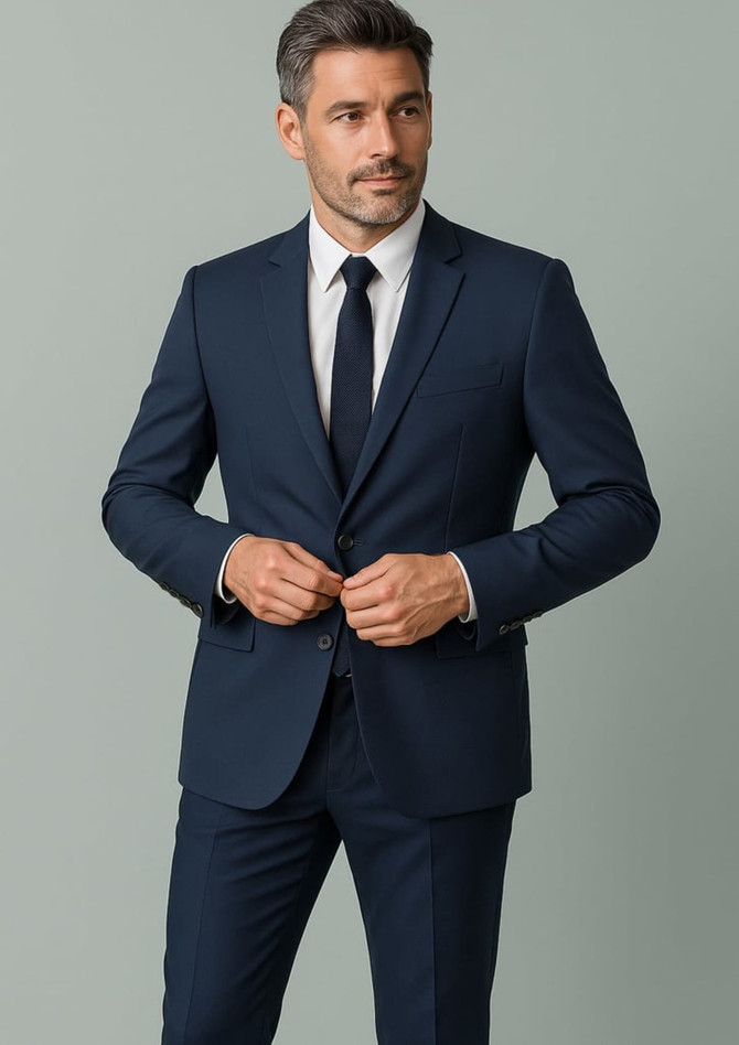A man in a navy blue suit and tie, wearing a fitted blazer and trousers, with a plain background.
