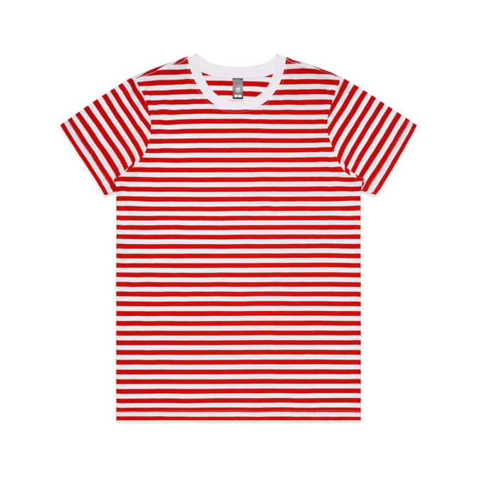 A red and white striped t-shirt featuring short sleeves and a round neckline, with a logo on the label.