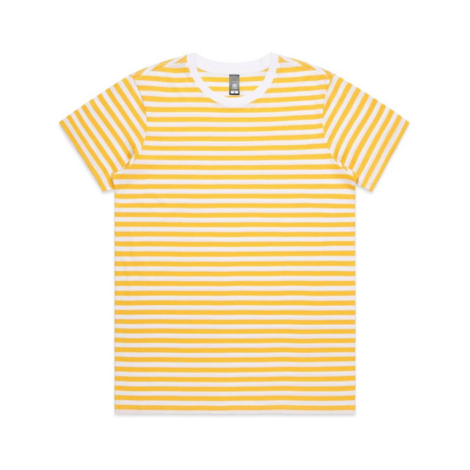 A striped T-shirt featuring white and yellow horizontal stripes, with a crew neckline and short sleeves.