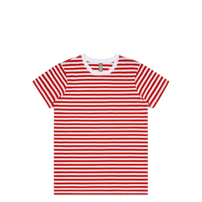 A red and white striped T-shirt with short sleeves and a round neckline. Features a brand logo on the label.