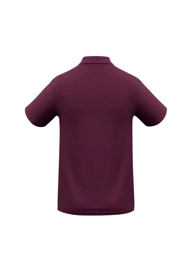 A maroon polo shirt with short sleeves and a collar, featuring one logo on the back.