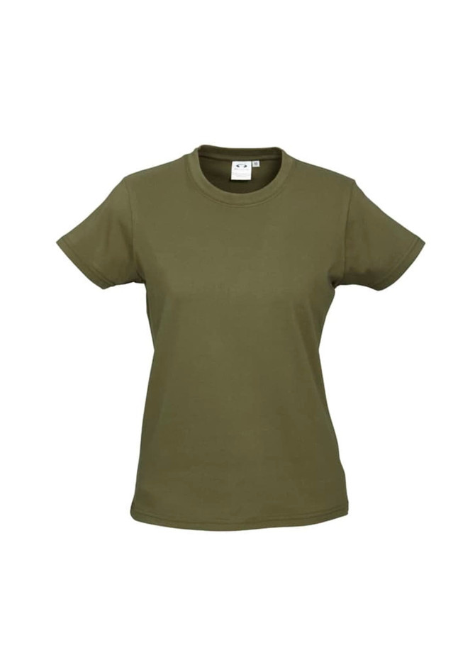 An olive green women's short sleeve tee with a simple design and a tag inside. It features a logo.