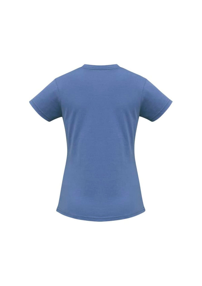A women's short sleeve tee in blue, featuring a fitted shape and a plain back design.