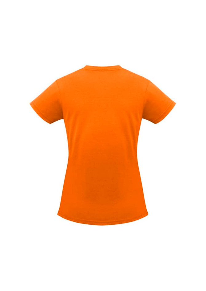 An orange women's short sleeve tee featuring a fitted design and a logo on the back.