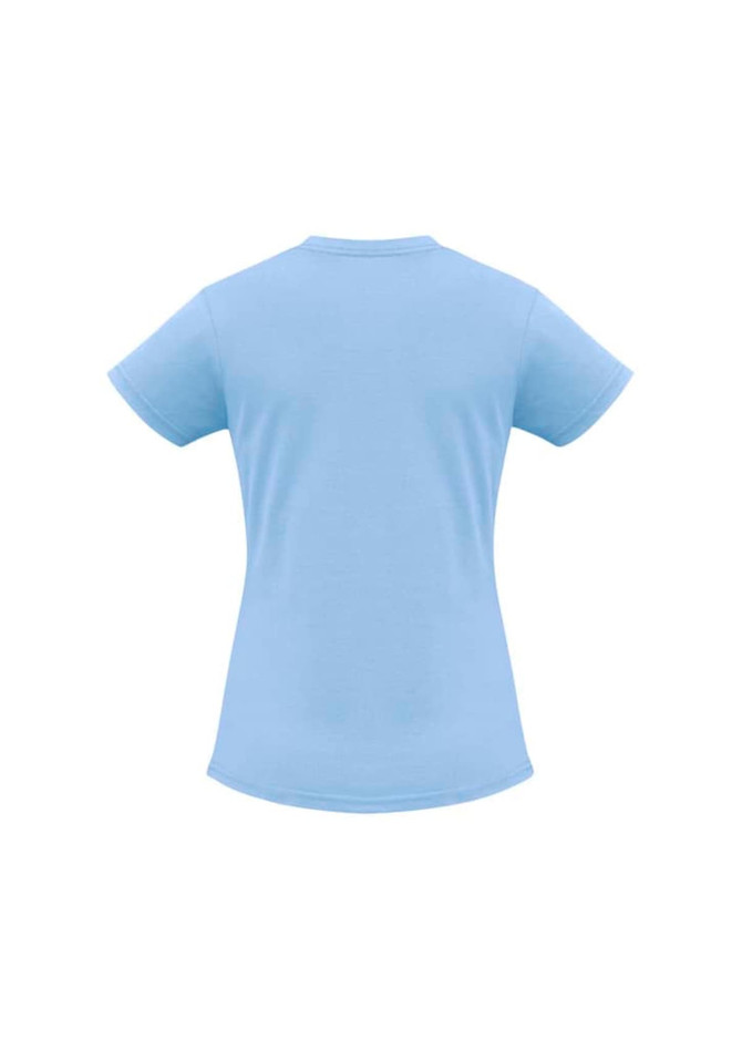 A light blue women's ice short sleeve tee with a fitted design and short sleeves. Features a branding logo.