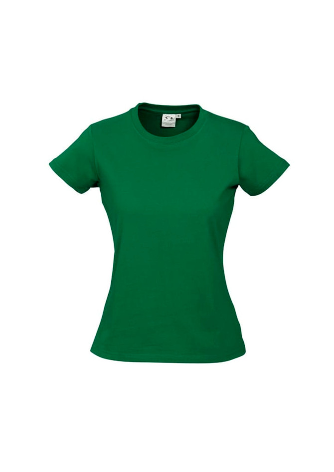 A green women's short sleeve tee with a fitted design and a small logo.