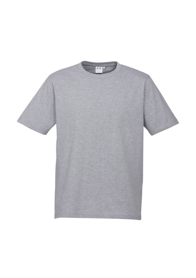A grey short sleeve t-shirt with a round neckline and a basic design, featuring a logo on the label.