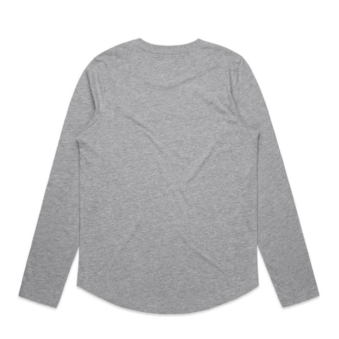 A long-sleeved grey T-shirt with a curved hem and a brand logo on the back.