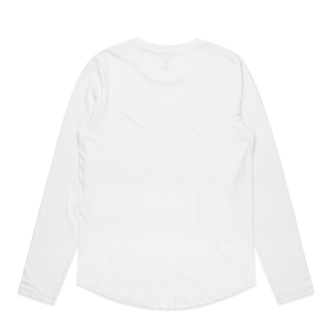 A long-sleeve white t-shirt with a curved hem and a logo on the back.