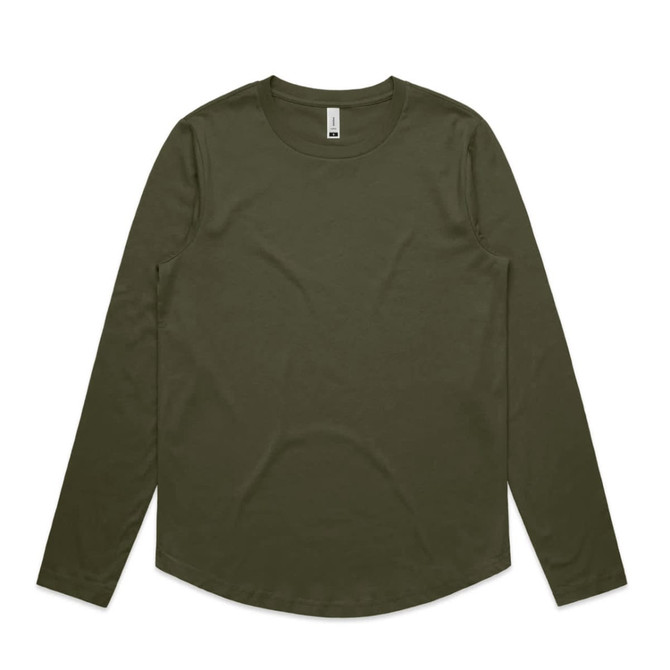 A long-sleeve T-shirt in olive green, featuring a simple design and a subtle logo.