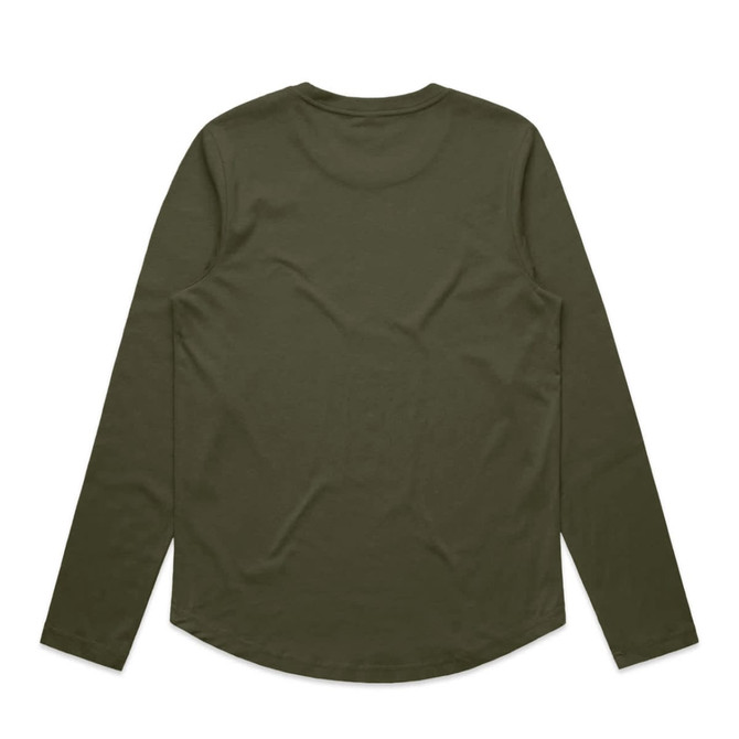 A green long-sleeve T-shirt with a rounded hem and a plain back design. It features a branding logo.
