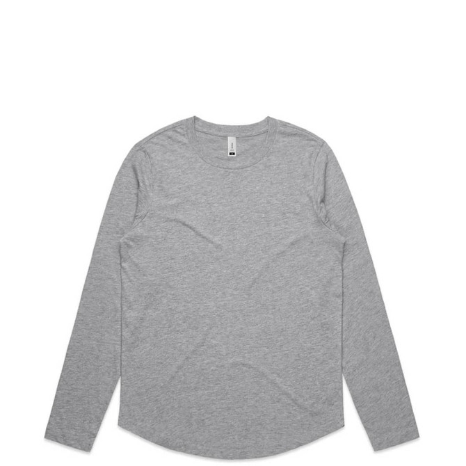A long-sleeve grey T-shirt with a rounded hem and a logo on the label.