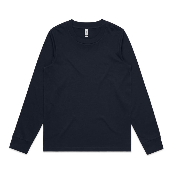 A long-sleeve T-shirt in dark navy blue, featuring a crew neckline and a logo tag.