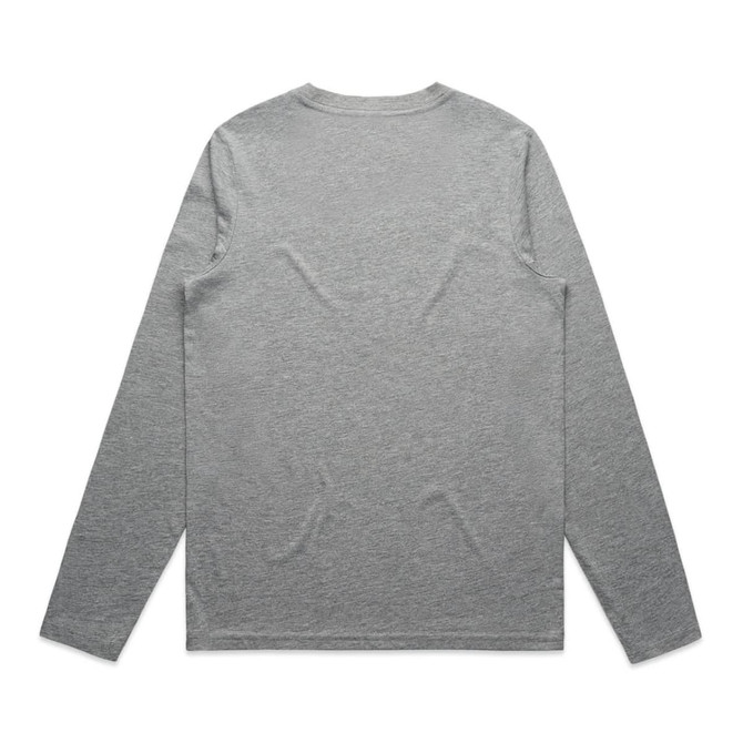 A long-sleeve, grey t-shirt with a simple design and a logo on the back.