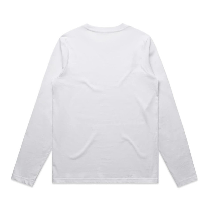 A white long-sleeve T-shirt with a plain back view and long sleeves, featuring a logo.