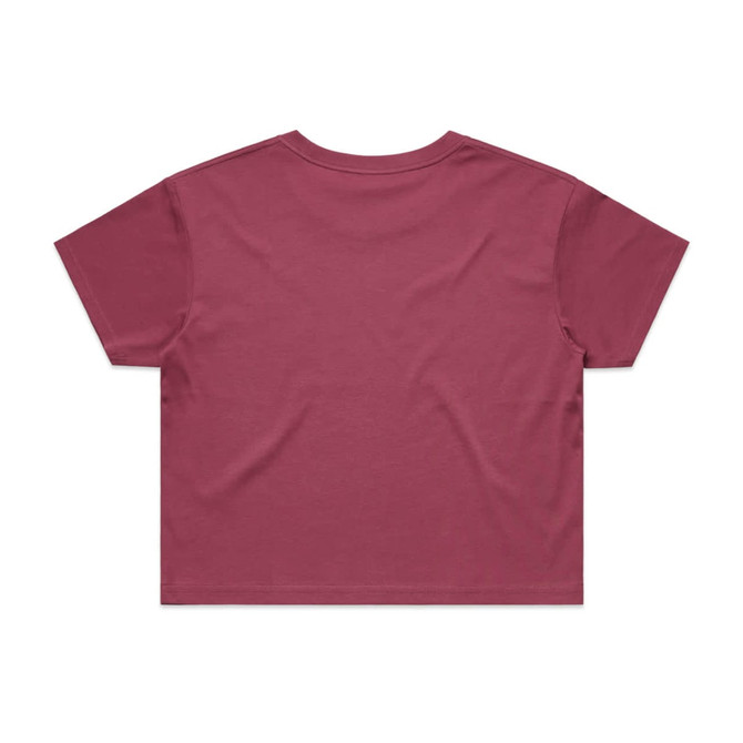 A maroon crop tee featuring a simple, unadorned back design. It has a logo.