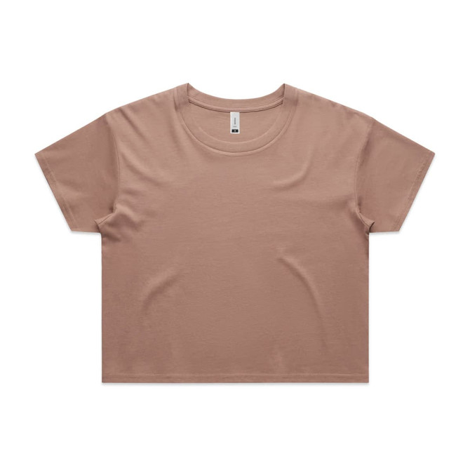 A cropped tee in a soft beige colour with a round neckline and short sleeves, featuring a branding logo.