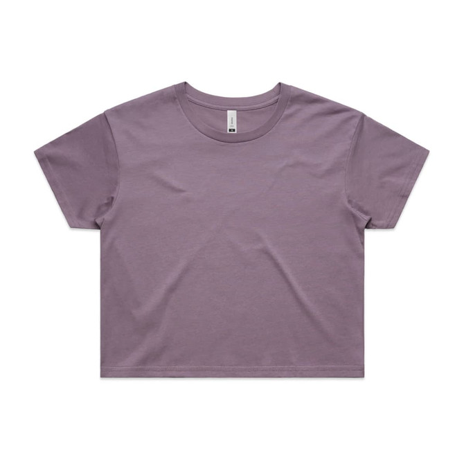 A cropped tee in a soft lavender colour, featuring a simple design and a logo.