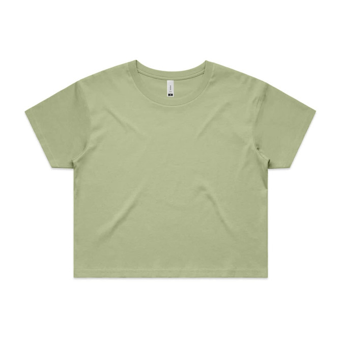 A cropped tee in a soft green colour, featuring a minimalist design and a label at the neck.