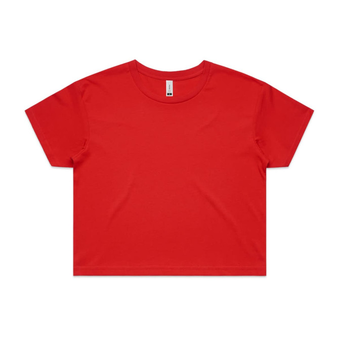 A red crop tee with short sleeves, featuring a logo on the label.