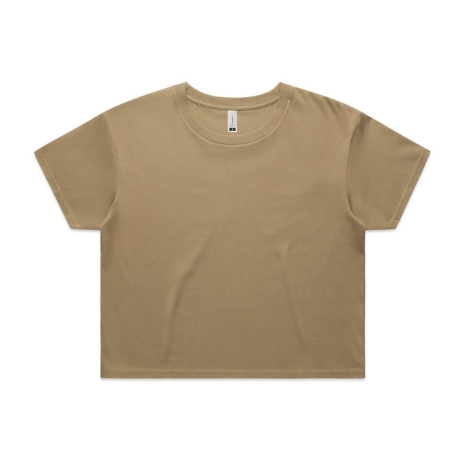 A khaki crop tee with a loose fit, featuring a logo on the inside tag.