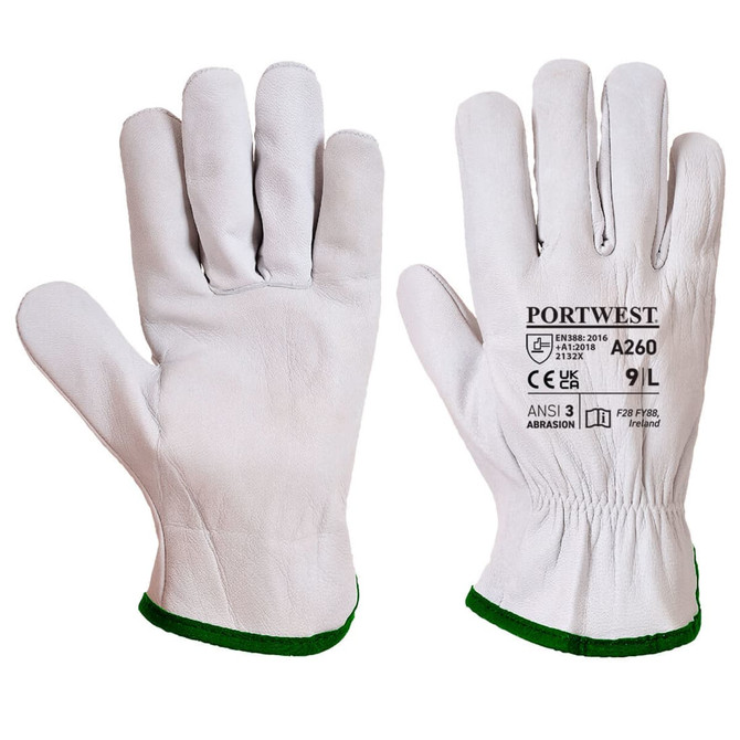 A pair of white gloves with a green cuff, featuring branding on one side.