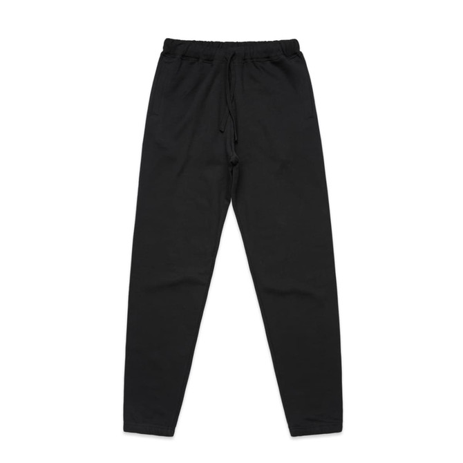 Black track pants with an elastic waistband and drawstring, featuring side pockets and a simple design.