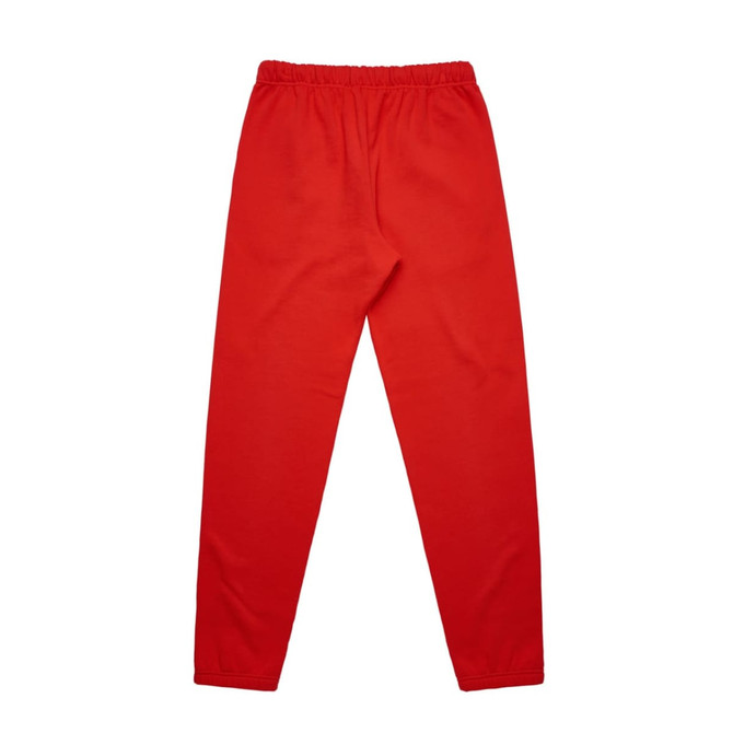 A pair of red track pants with an elastic waistband and tapered legs. Features a branding logo.
