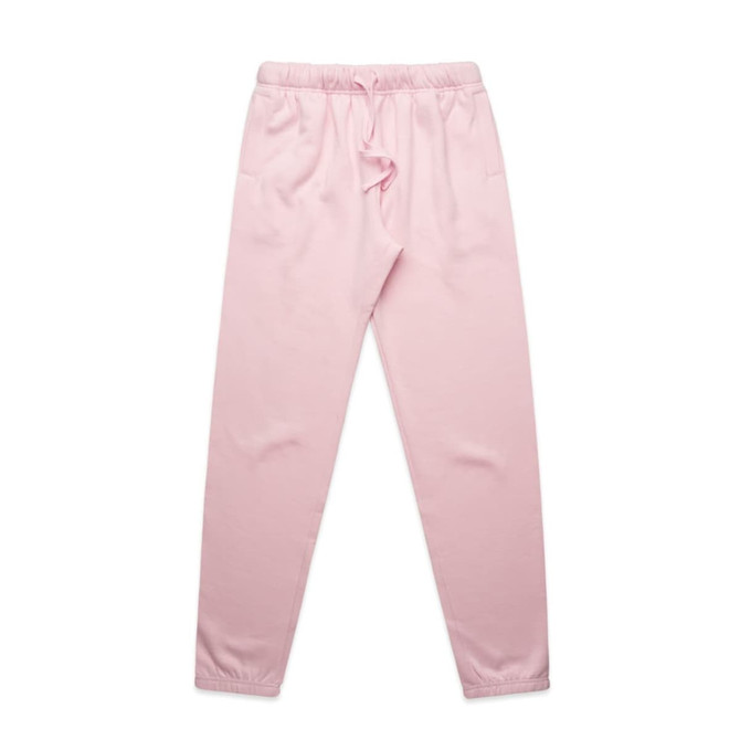 A pair of light pink track pants featuring an elastic waistband and cuffed ankles. The pants has a branding logo.
