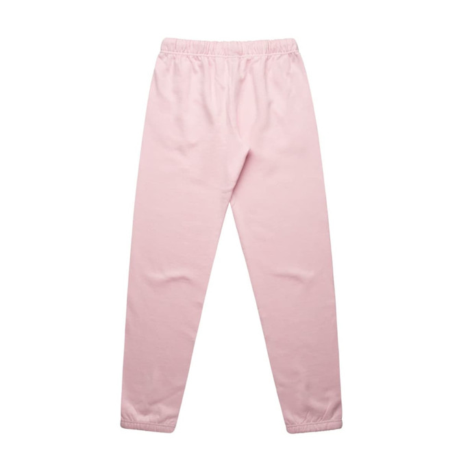 A pair of light pink track pants with an elastic waistband and tapered legs, featuring a logo.