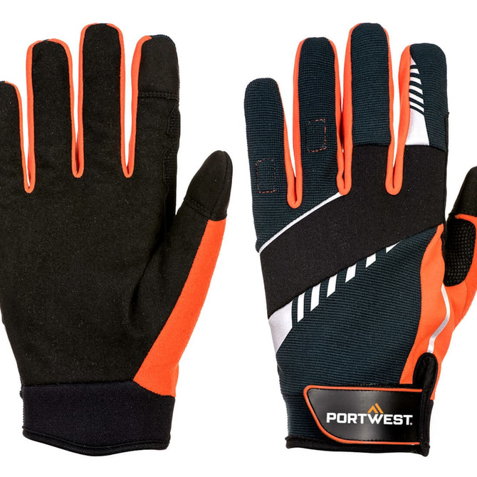 A pair of black and orange gloves with a textured grip and a logo on the wrist area.