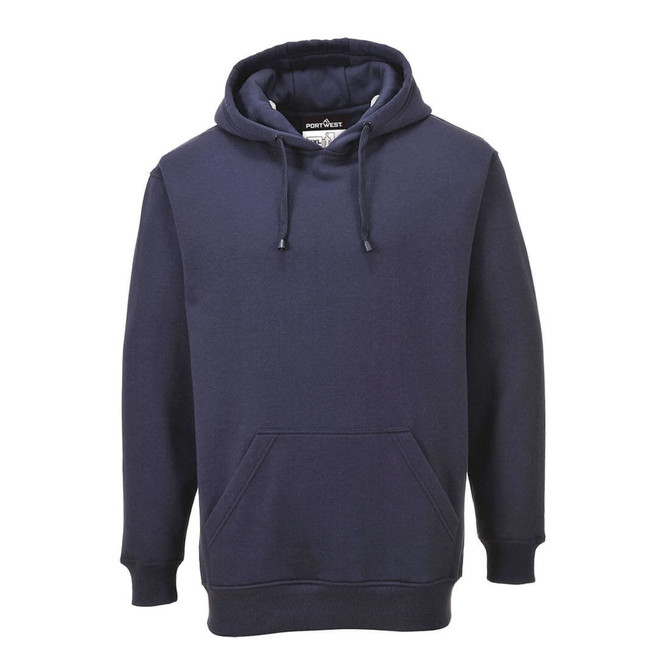 A navy blue hoodie featuring a front pocket and drawstring hood, with a discreet logo on the design.