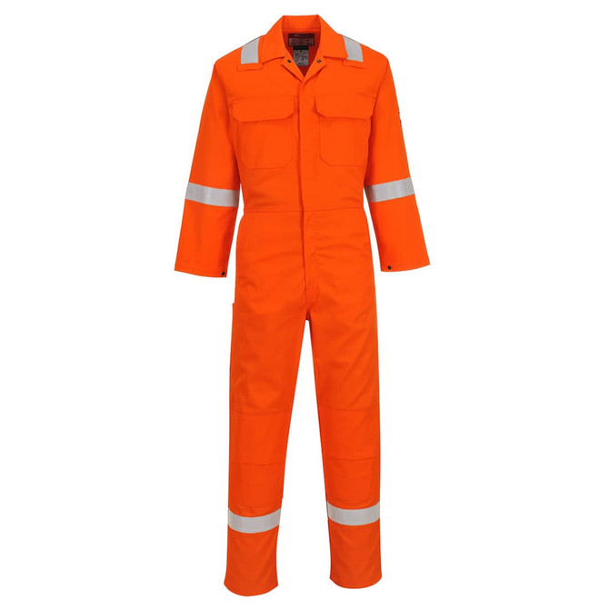 An orange coverall with reflective strips, featuring multiple pockets and long sleeves, designed for work uniform use.