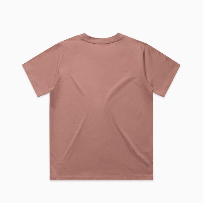 A pink T-shirt featuring a simple design and a logo at the back.