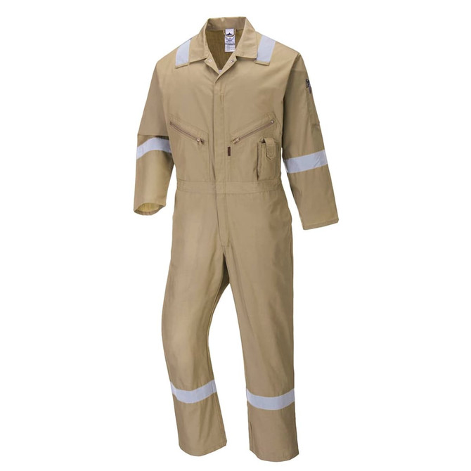 A tan coverall with reflective stripes and multiple pockets, featuring a logo on the chest area.