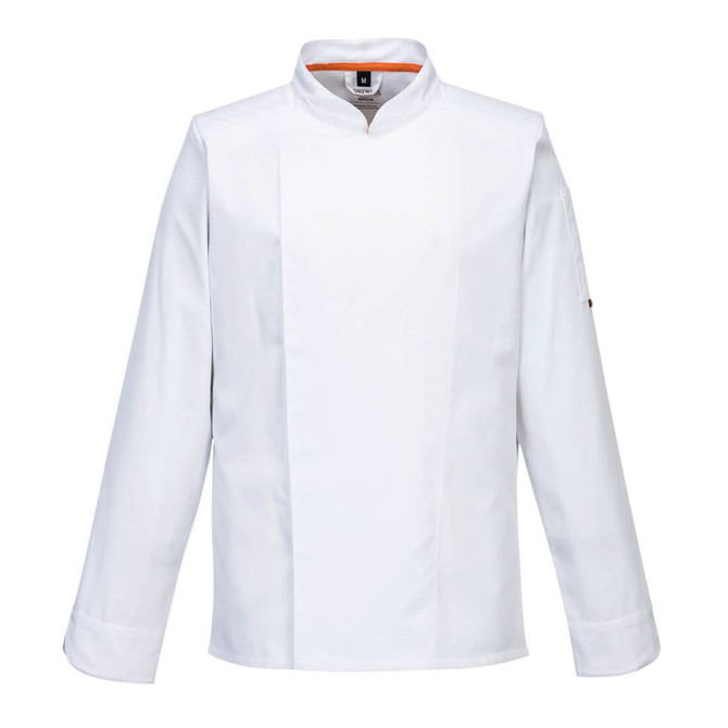 A white chef jacket with long sleeves and a stand-up collar, featuring a logo on one sleeve.
