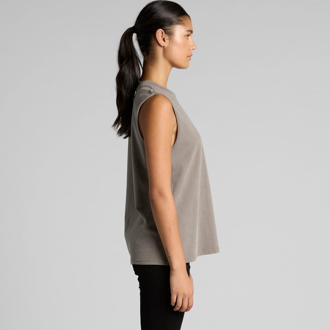 A faded grey tank top with a loose fit and sleeveless design, featuring a subtle logo on the fabric.