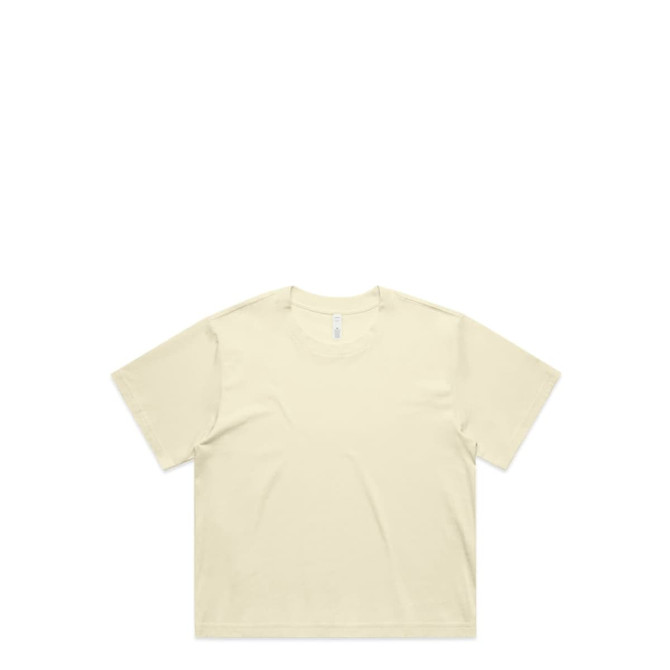 A cropped tee in a light cream colour, featuring a casual, relaxed fit. It includes a logo on the label.